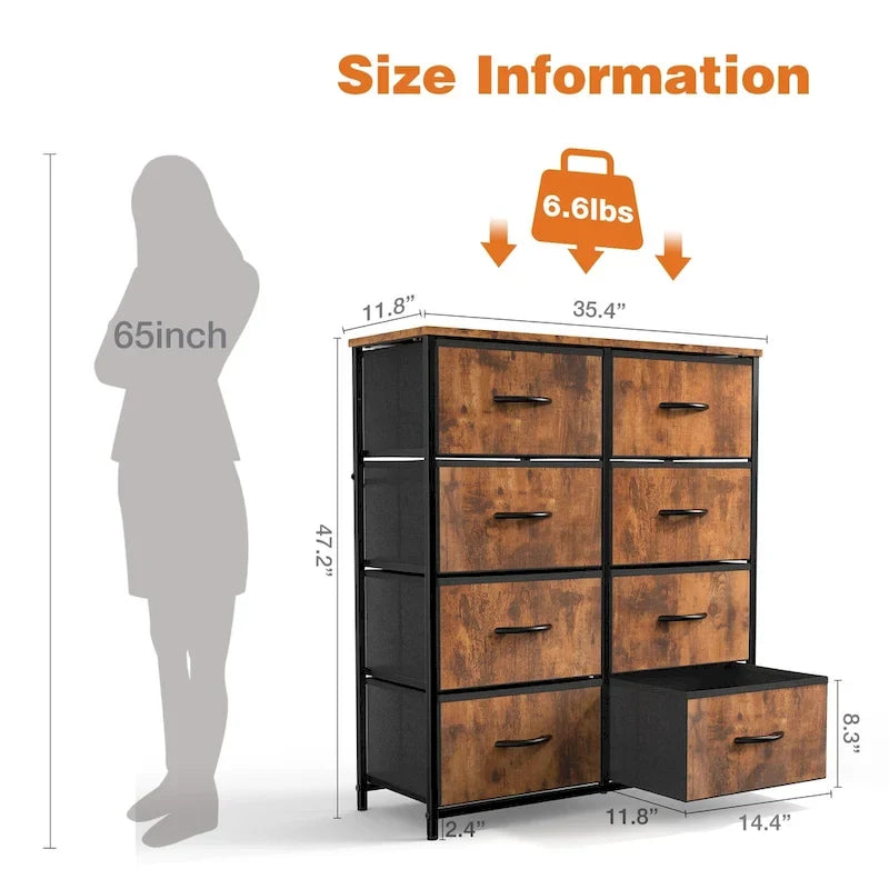 Bedroom Storage with 8 Drawers Tall Dresser & Chest of Drawers Fabric Dresser with Wood Top and Sturdy Steel Frame 15