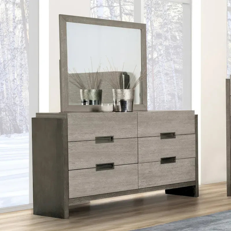 Furniture of America Cruz Set Camera da Letto Contemporaneo in Legno Massello Grigio 5 Pezzi: Letto, 2 Comodini, Cassettiera e Specchio 7