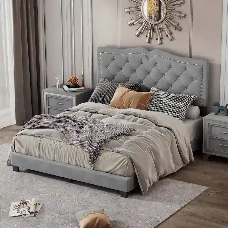 Queen Size Upholstered Bed Frame with Rivet Design, Modern Velvet Platform Bed with Tufted Headboard 23