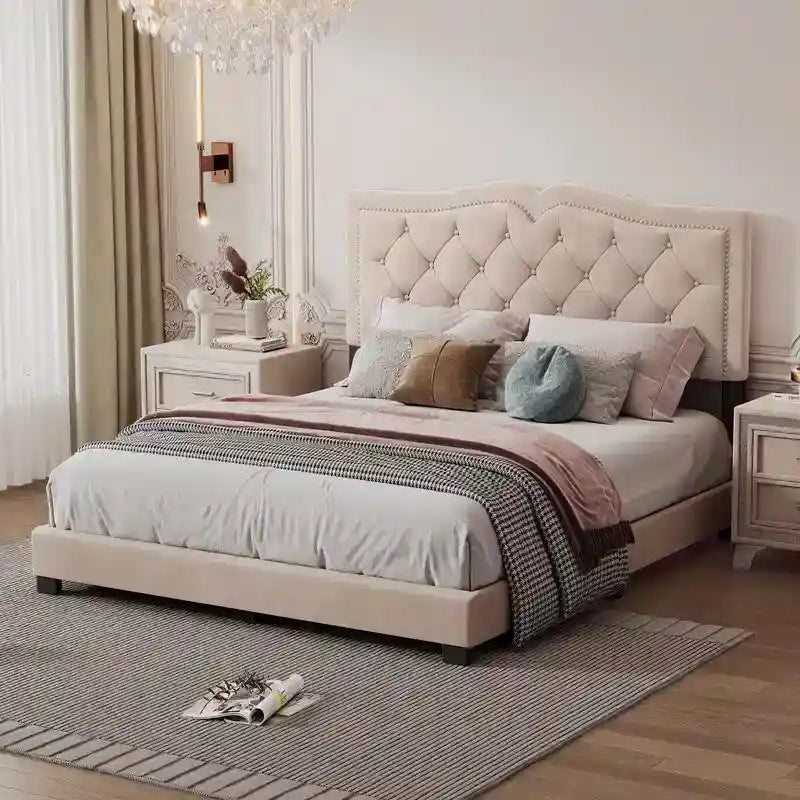 Queen Size Upholstered Bed Frame with Rivet Design, Modern Velvet Platform Bed with Tufted Headboard 24