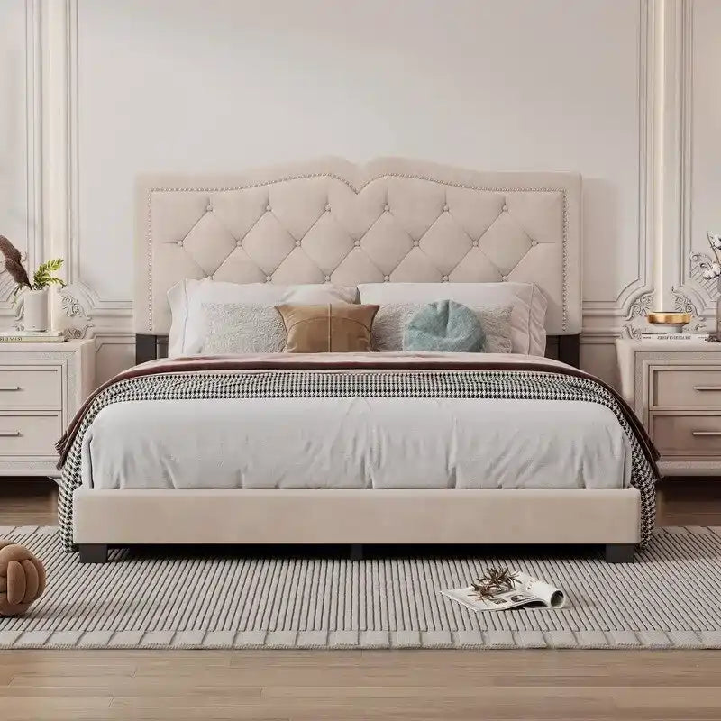 Queen Size Upholstered Bed Frame with Rivet Design, Modern Velvet Platform Bed with Tufted Headboard