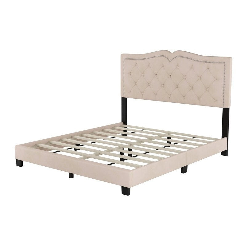 Queen Size Upholstered Bed Frame with Rivet Design, Modern Velvet Platform Bed with Tufted Headboard 3