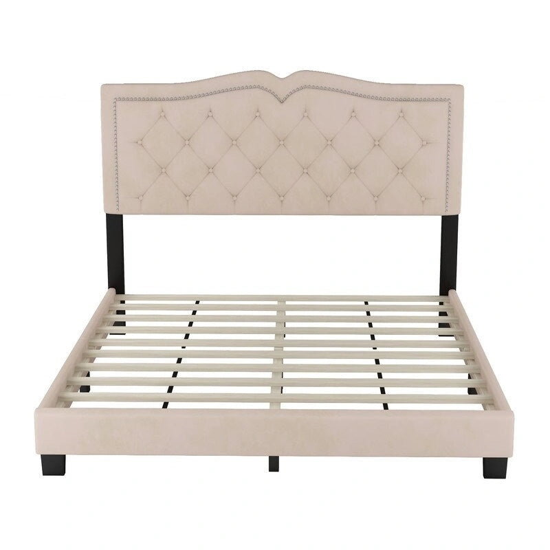 Queen Size Upholstered Bed Frame with Rivet Design, Modern Velvet Platform Bed with Tufted Headboard 4