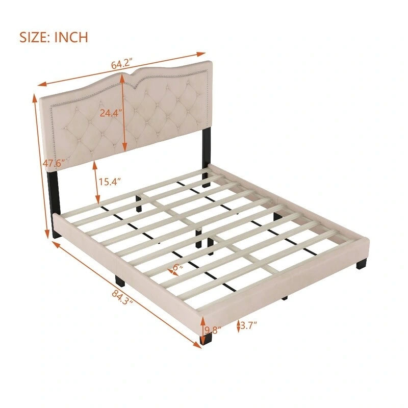 Queen Size Upholstered Bed Frame with Rivet Design, Modern Velvet Platform Bed with Tufted Headboard 5