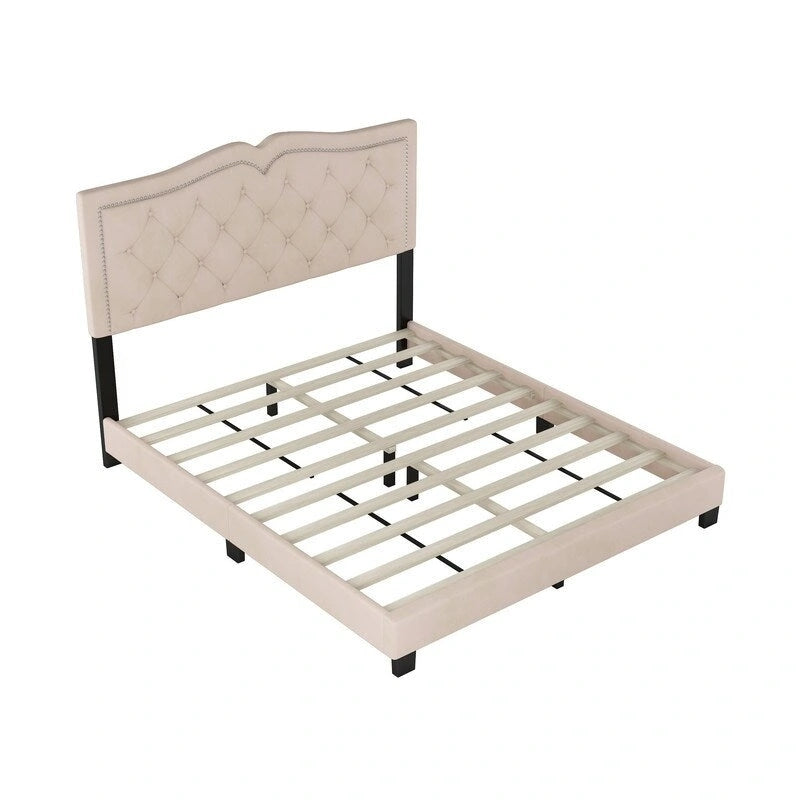 Queen Size Upholstered Bed Frame with Rivet Design, Modern Velvet Platform Bed with Tufted Headboard 6