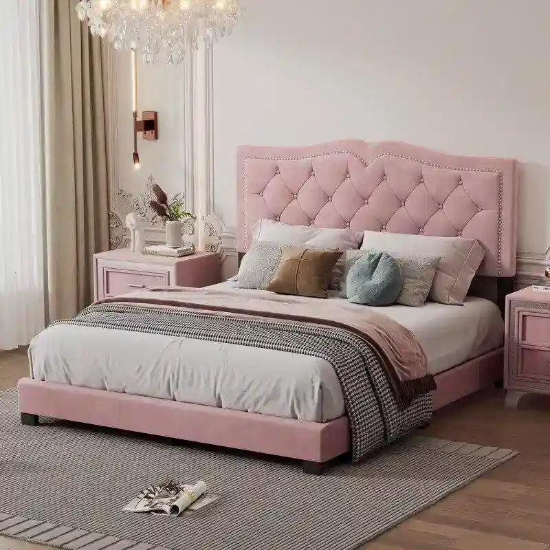 Queen Size Upholstered Bed Frame with Rivet Design, Modern Velvet Platform Bed with Tufted Headboard 8