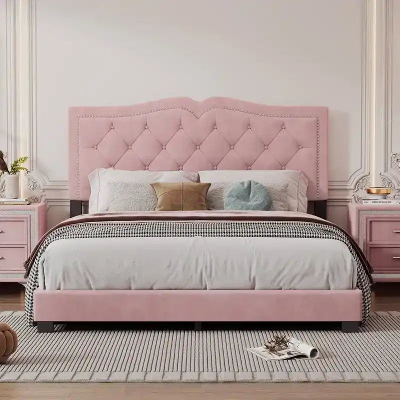 Queen Size Upholstered Bed Frame with Rivet Design, Modern Velvet Platform Bed with Tufted Headboard 9