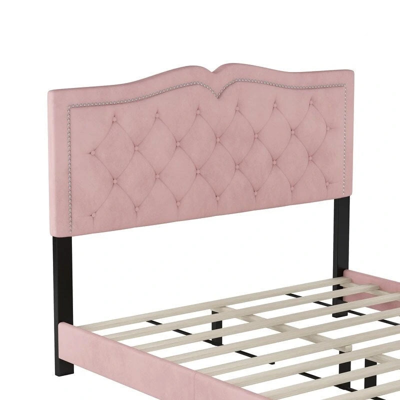 Queen Size Upholstered Bed Frame with Rivet Design, Modern Velvet Platform Bed with Tufted Headboard 10