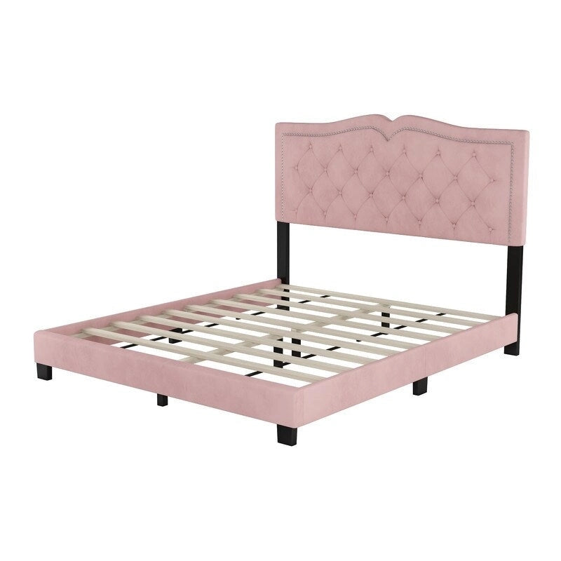 Queen Size Upholstered Bed Frame with Rivet Design, Modern Velvet Platform Bed with Tufted Headboard 11