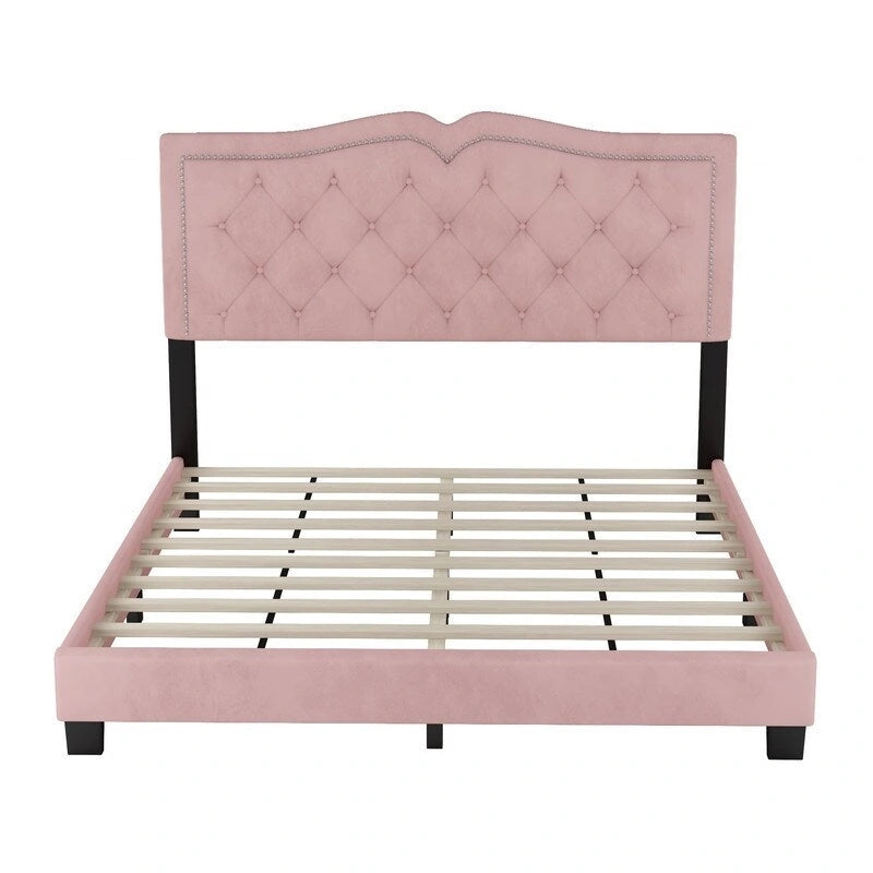 Queen Size Upholstered Bed Frame with Rivet Design, Modern Velvet Platform Bed with Tufted Headboard 12