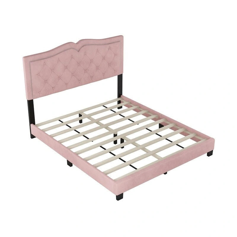 Queen Size Upholstered Bed Frame with Rivet Design, Modern Velvet Platform Bed with Tufted Headboard 14