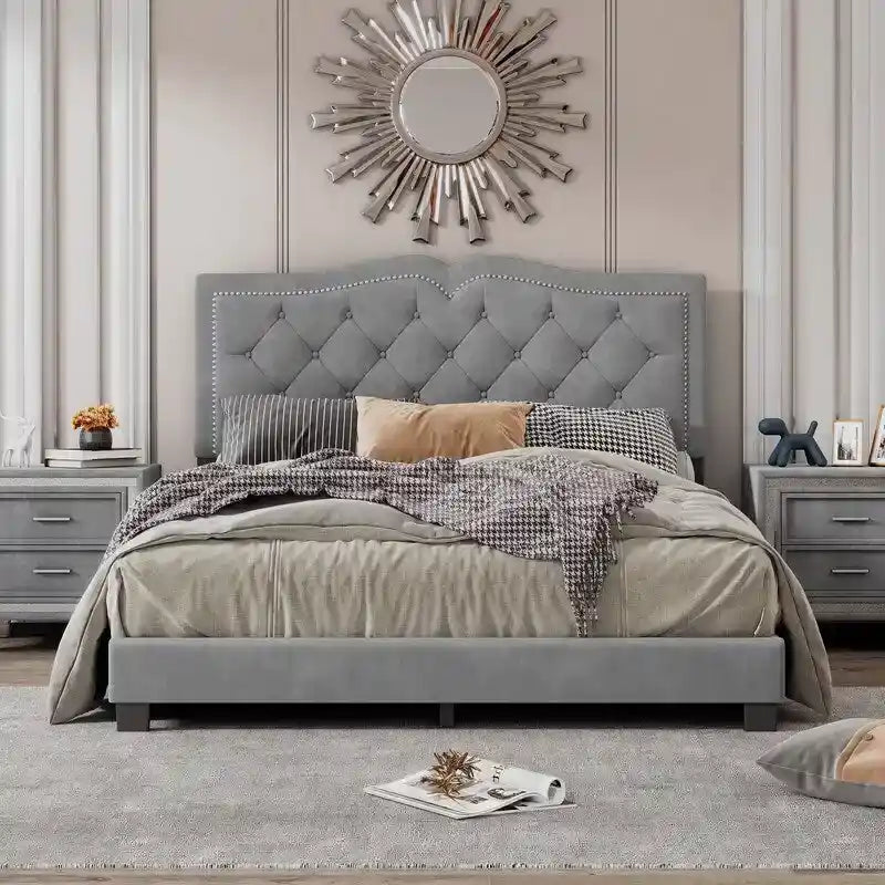 Queen Size Upholstered Bed Frame with Rivet Design, Modern Velvet Platform Bed with Tufted Headboard 16