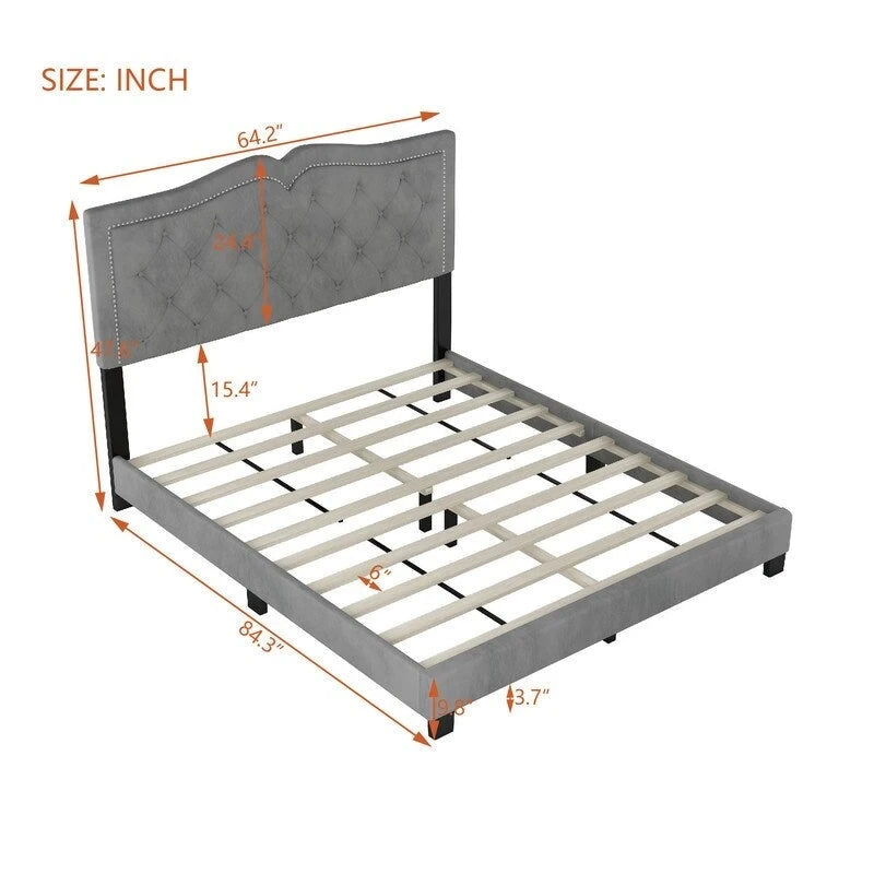 Queen Size Upholstered Bed Frame with Rivet Design, Modern Velvet Platform Bed with Tufted Headboard 17