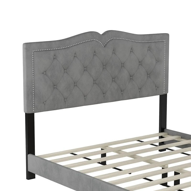 Queen Size Upholstered Bed Frame with Rivet Design, Modern Velvet Platform Bed with Tufted Headboard 18