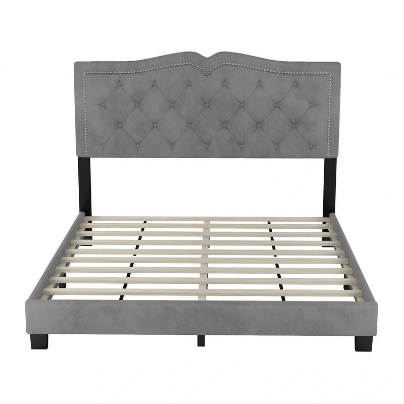 Queen Size Upholstered Bed Frame with Rivet Design, Modern Velvet Platform Bed with Tufted Headboard 19