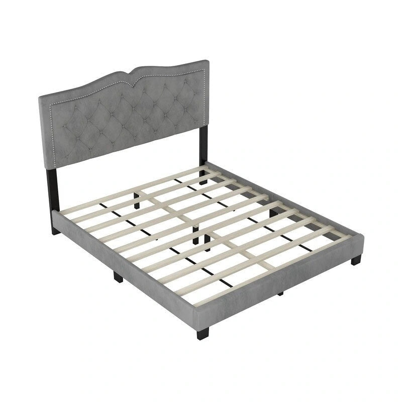 Queen Size Upholstered Bed Frame with Rivet Design, Modern Velvet Platform Bed with Tufted Headboard 20