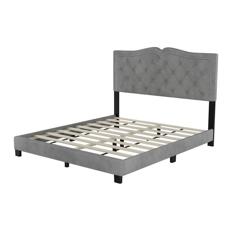 Queen Size Upholstered Bed Frame with Rivet Design, Modern Velvet Platform Bed with Tufted Headboard 21