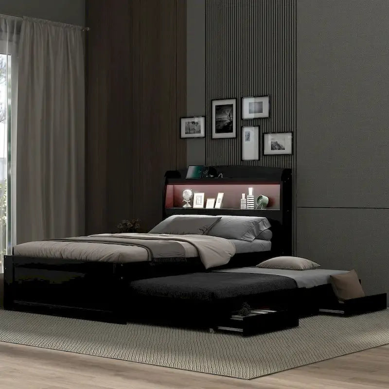 Twin XL Size Platform Bed with Storage LED Headboard, Charging Station