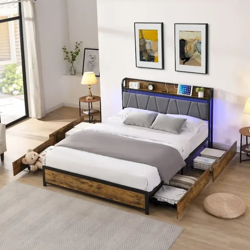 Storage Headboard with Charging Station and 4 Storage Drawers