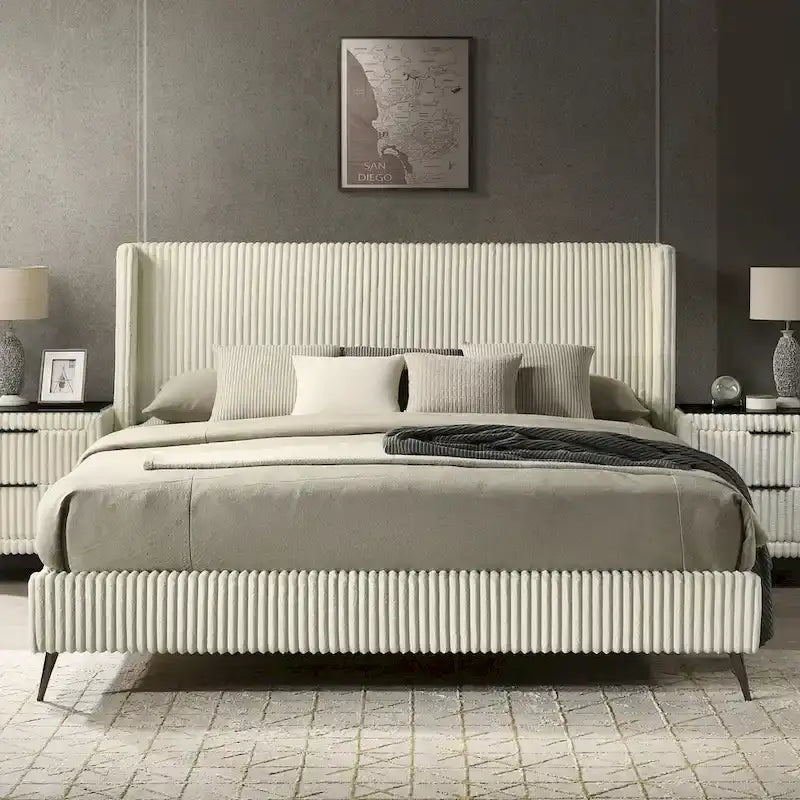 Roundhill Furniture Mavela Wide Wale Corduroy Upholstery Panel Bed, King Size 2