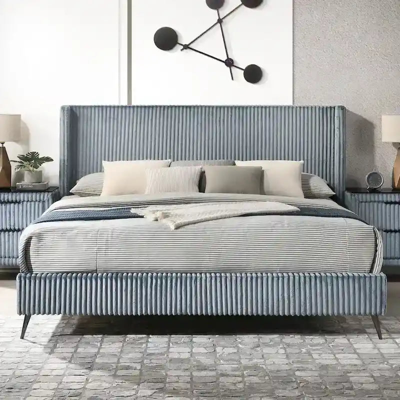 Roundhill Furniture Mavela Wide Wale Corduroy Upholstery Panel Bed, King Size 7