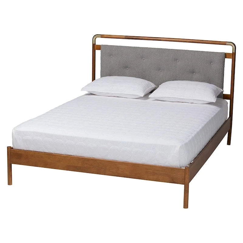 Edwina Mid-Century Light Grey Boucle Fabric and Walnut Brown Wood Queen Size Platform Bed 12