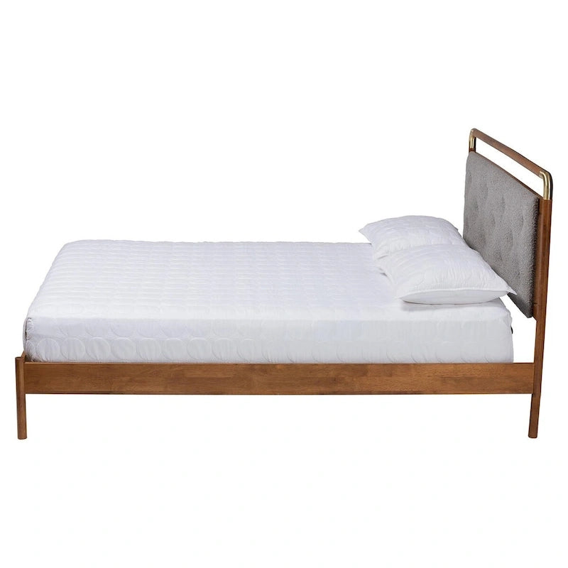 Edwina Mid-Century Light Grey Boucle Fabric and Walnut Brown Wood Queen Size Platform Bed 3