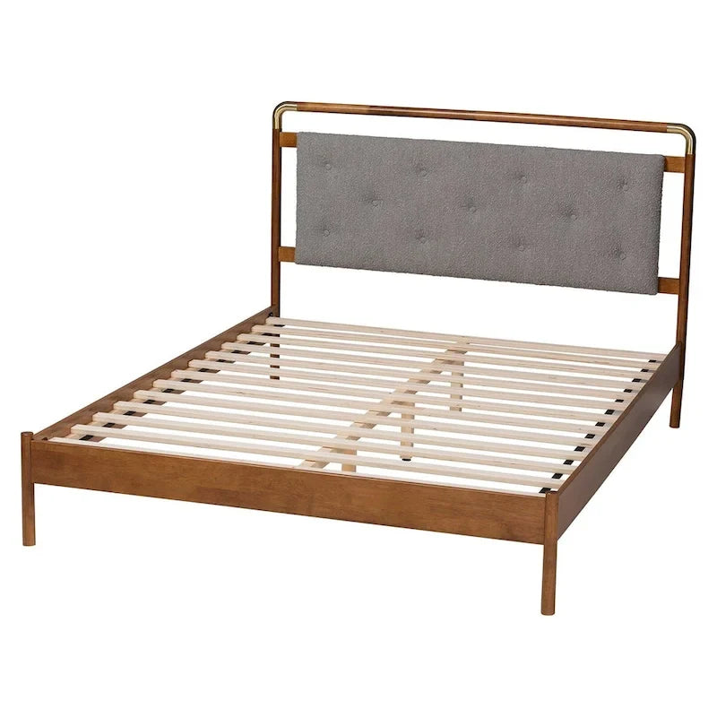 Edwina Mid-Century Light Grey Boucle Fabric and Walnut Brown Wood Queen Size Platform Bed 4