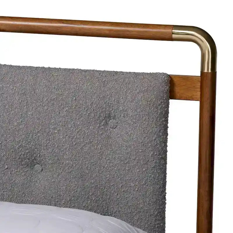 Edwina Mid-Century Light Grey Boucle Fabric and Walnut Brown Wood Queen Size Platform Bed 5
