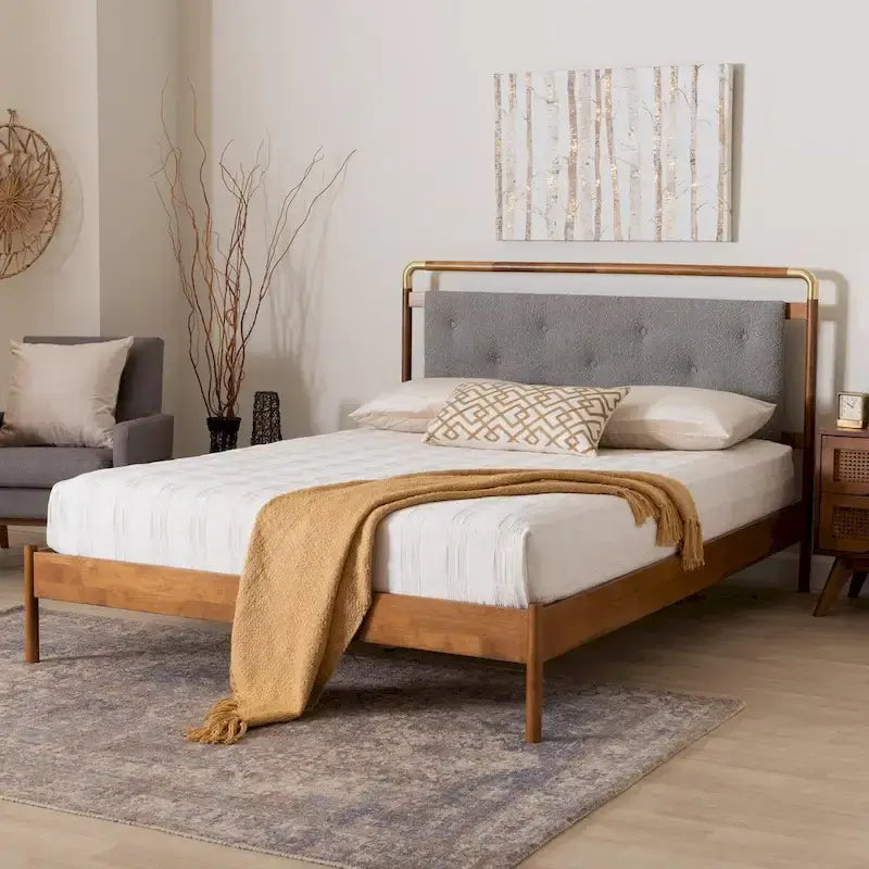 Edwina Mid-Century Light Grey Boucle Fabric and Walnut Brown Wood Queen Size Platform Bed 9