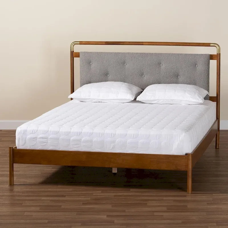 Edwina Mid-Century Light Grey Boucle Fabric and Walnut Brown Wood Queen Size Platform Bed 10