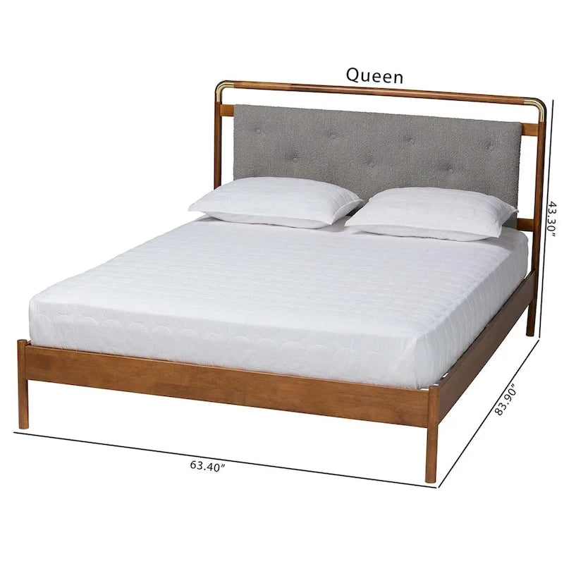 Edwina Mid-Century Light Grey Boucle Fabric and Walnut Brown Wood Queen Size Platform Bed 11