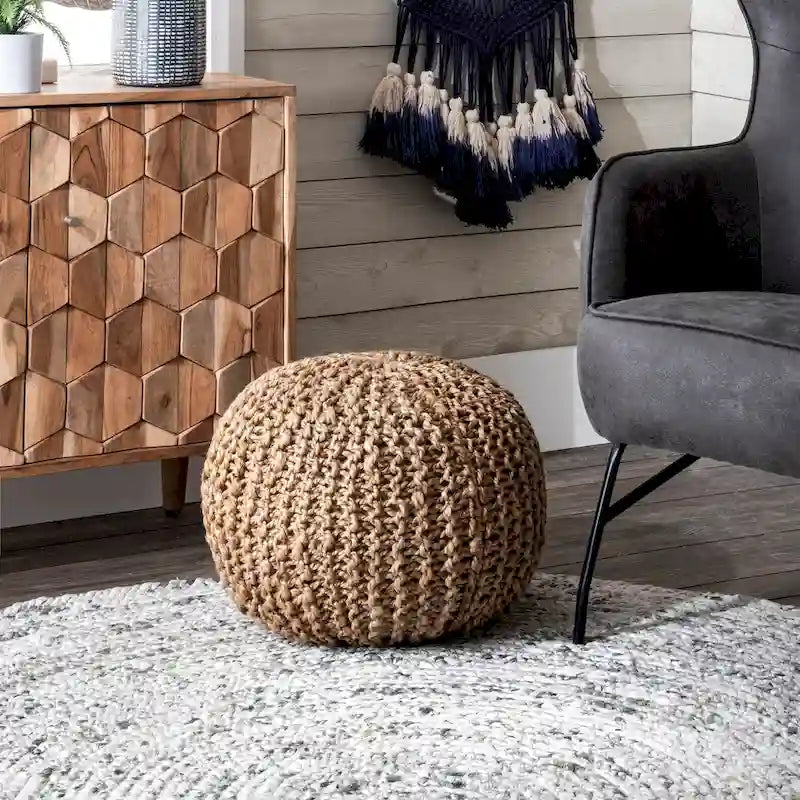 Nuloom York Classic Knitted Solid Jute Ottoman Pouf