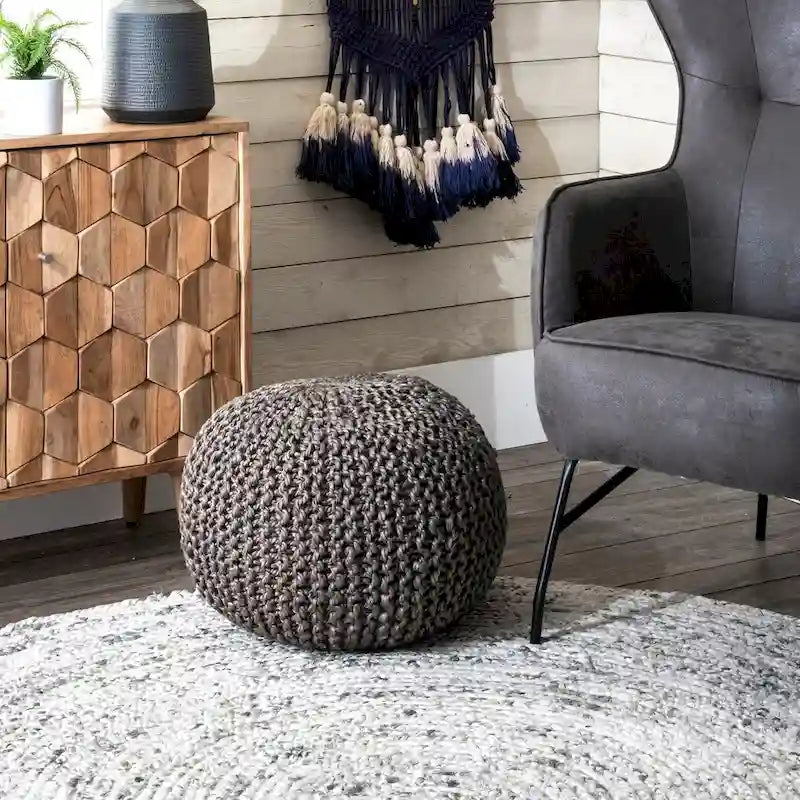 Nuloom York Classic Knitted Solid Jute Ottoman Pouf 7