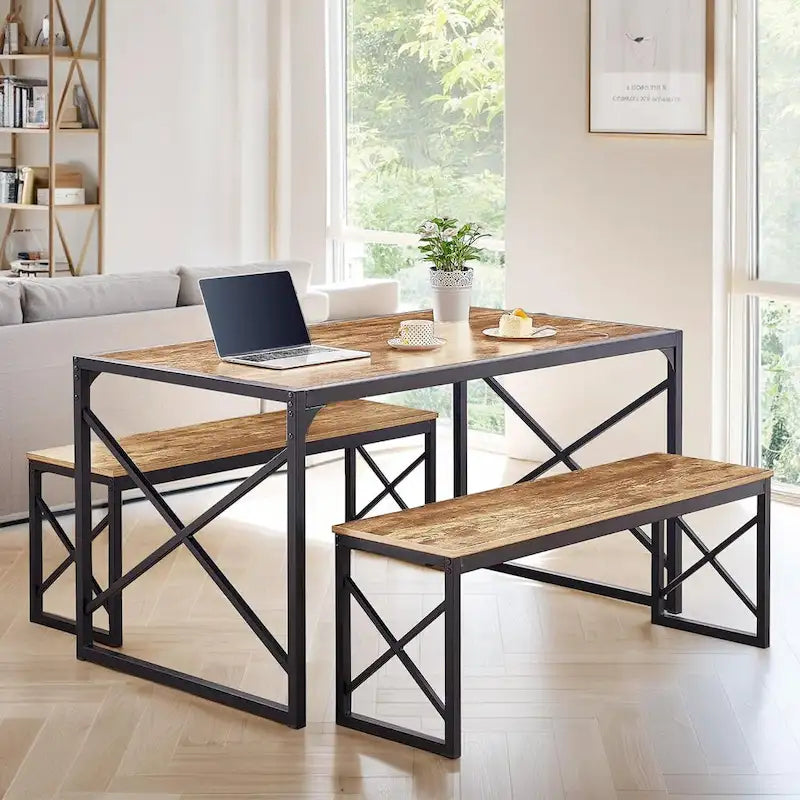 VECELO Tavolo da Pranzo 3 Pezzi con Panca, Set Tavolo da Pranzo per 4-6 Posti, Tavolo da Cucina con 2 Panche, Set Tavolo da Pranzo 19