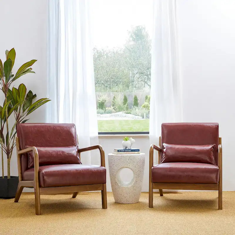 Glitzhome Set of 2 30.75H Mid-Century Modern PU Leather Accent Chairs with Cushion - 25.75W x 33.75D x 30.75H 5