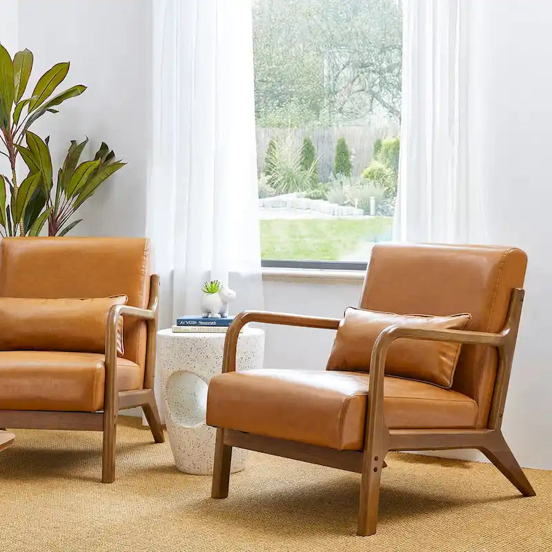 Glitzhome Set of 2 30.75H Mid-Century Modern PU Leather Accent Chairs with Cushion - 25.75W x 33.75D x 30.75H 10
