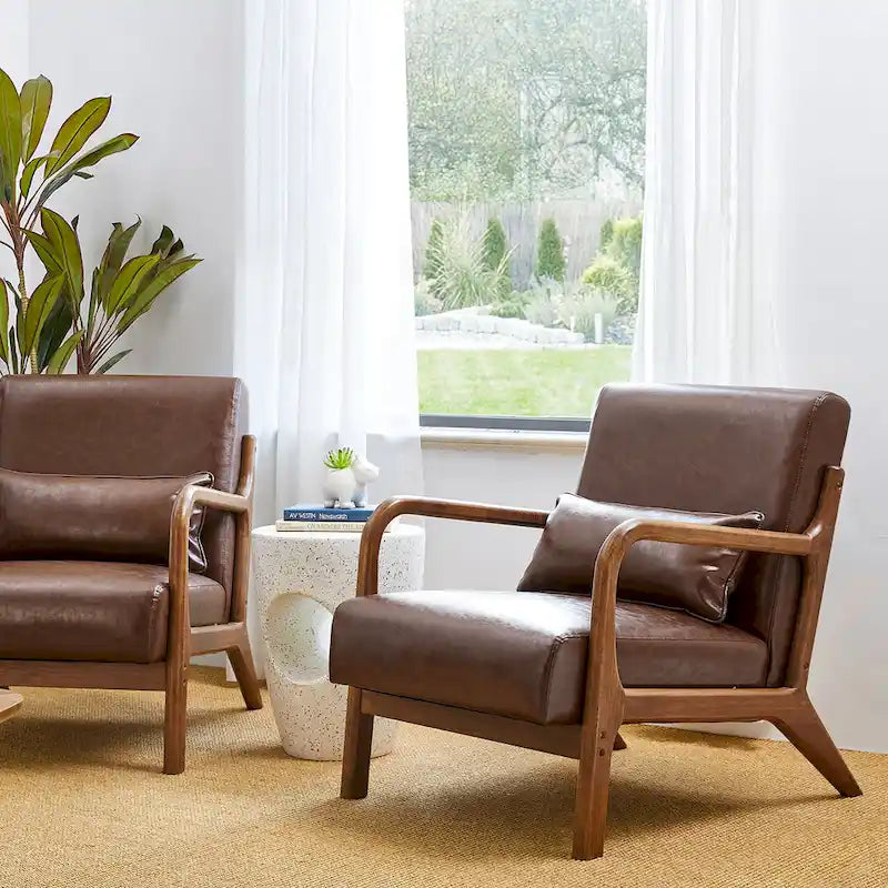 Glitzhome Set of 2 30.75H Mid-Century Modern PU Leather Accent Chairs with Cushion - 25.75W x 33.75D x 30.75H 11
