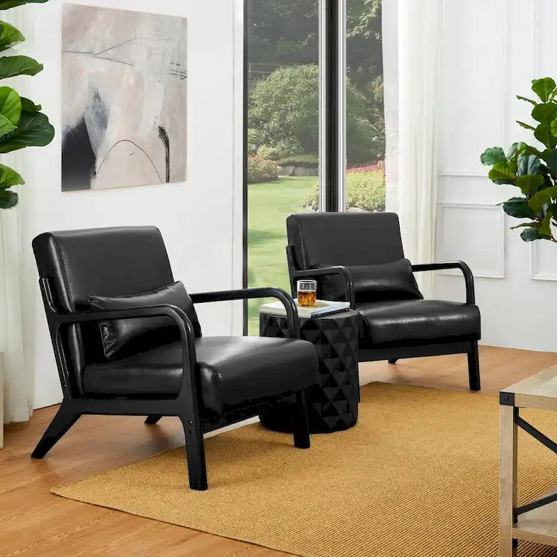 Glitzhome Set of 2 30.75H Mid-Century Modern PU Leather Accent Chairs with Cushion - 25.75W x 33.75D x 30.75H 13