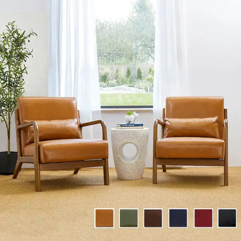 Glitzhome Set of 2 30.75H Mid-Century Modern PU Leather Accent Chairs with Cushion - 25.75W x 33.75D x 30.75H 18
