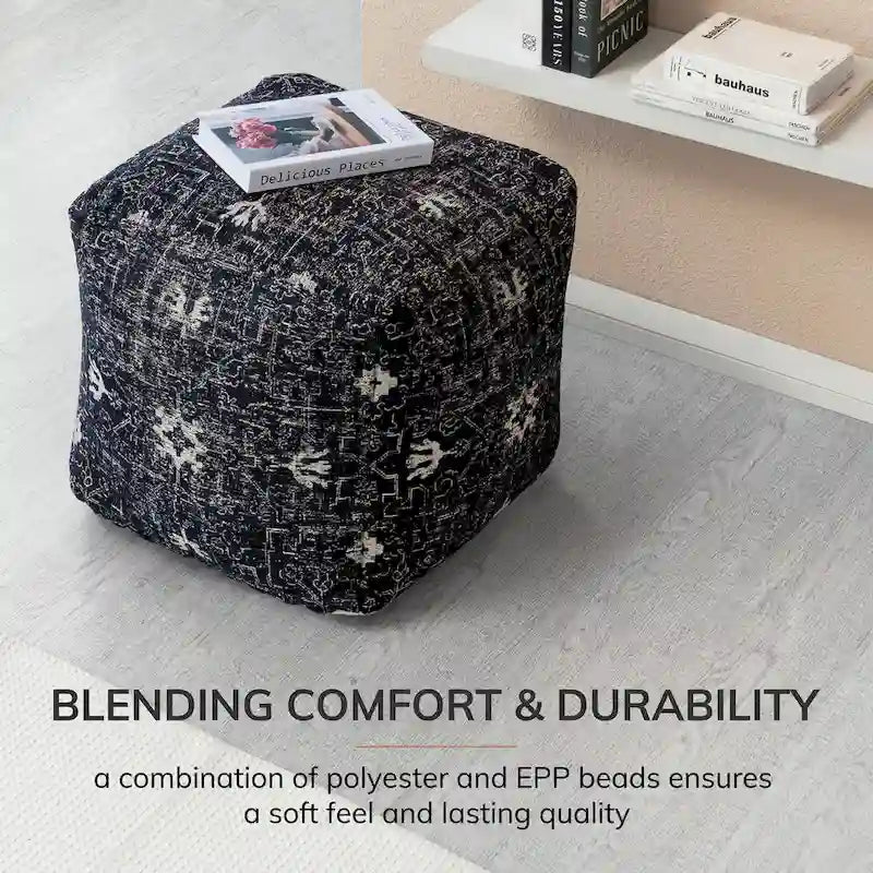 Jani Tamarindo 20 x 20 x 20 Square Black & White Pouf Ottoman - Handmade Footrest for Living Room, Nursery 4