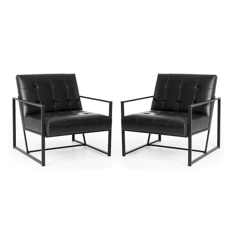 Glitzhome Set of 2 29.25W Mid-Century PU Leather Tufted Accent Chairs 36