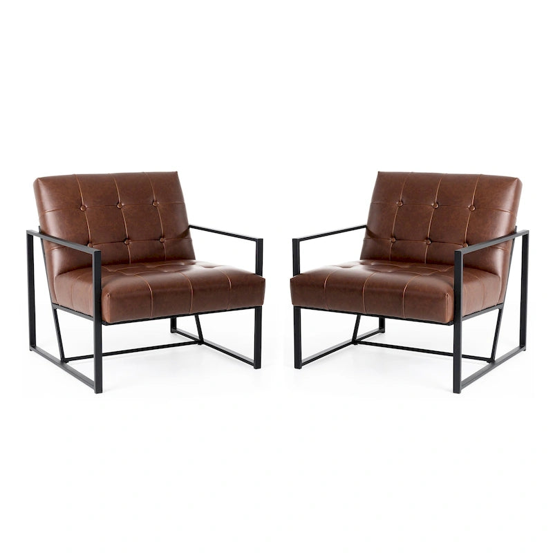 Glitzhome Set of 2 29.25W Mid-Century PU Leather Tufted Accent Chairs 37