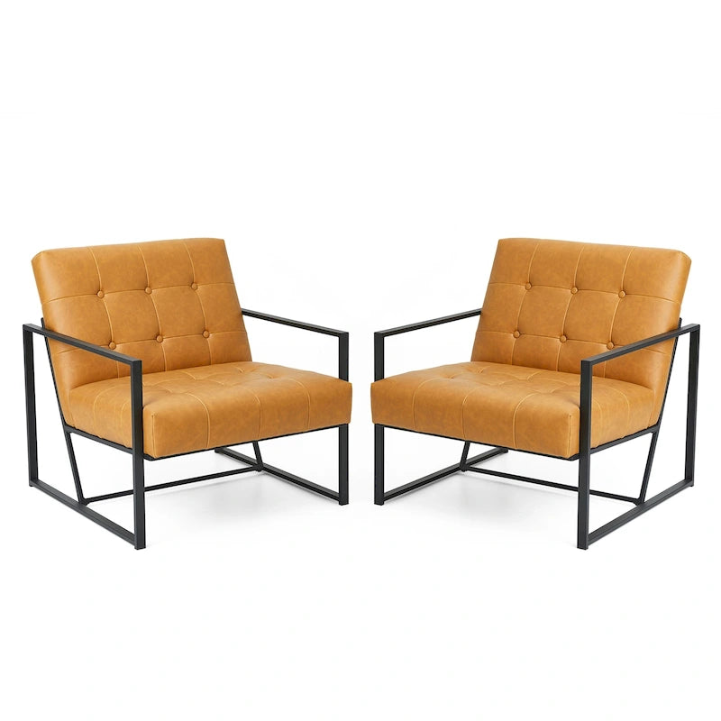 Glitzhome Set of 2 29.25W Mid-Century PU Leather Tufted Accent Chairs 40