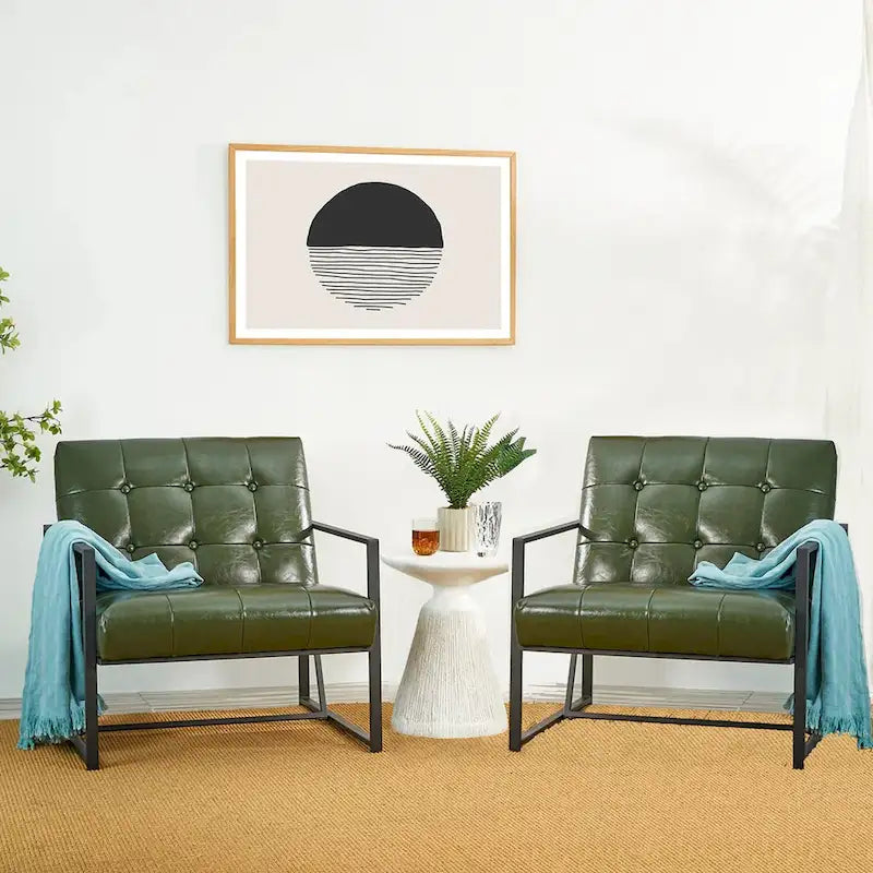 Glitzhome Set of 2 29.25W Mid-Century PU Leather Tufted Accent Chairs
