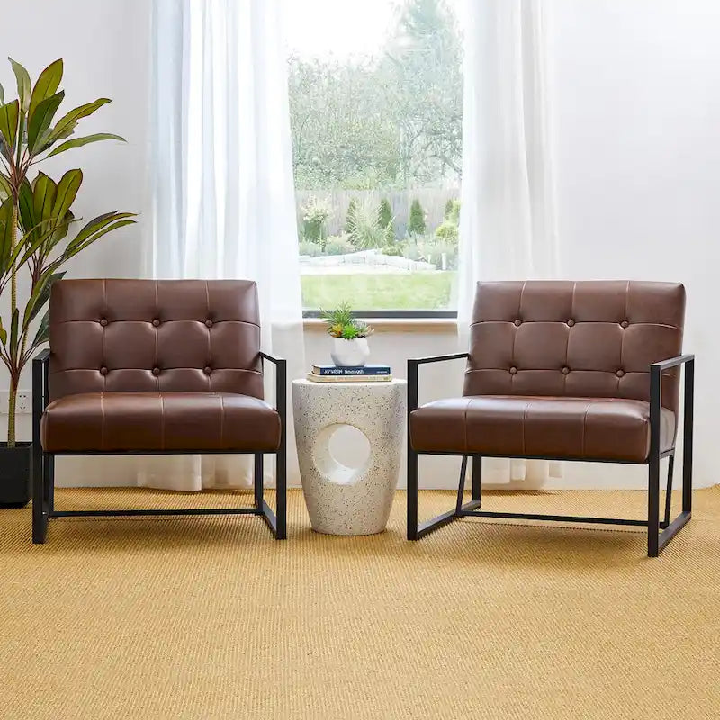 Glitzhome Set of 2 29.25W Mid-Century PU Leather Tufted Accent Chairs 3