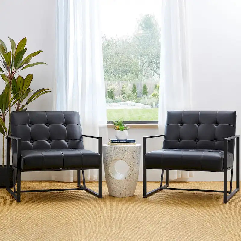 Glitzhome Set of 2 29.25W Mid-Century PU Leather Tufted Accent Chairs 4