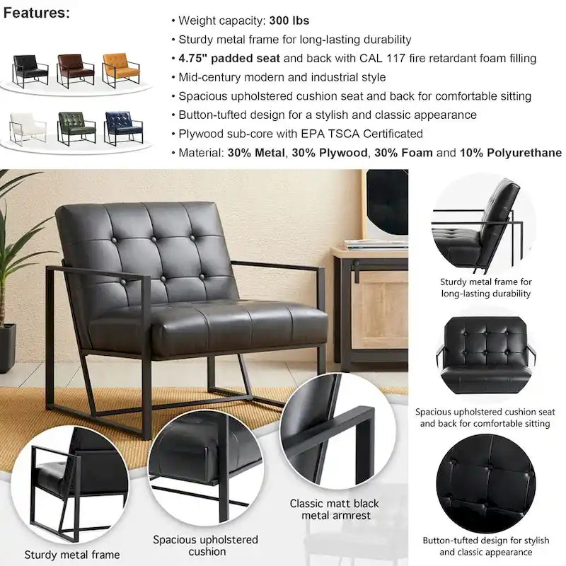 Glitzhome Set of 2 29.25W Mid-Century PU Leather Tufted Accent Chairs 9