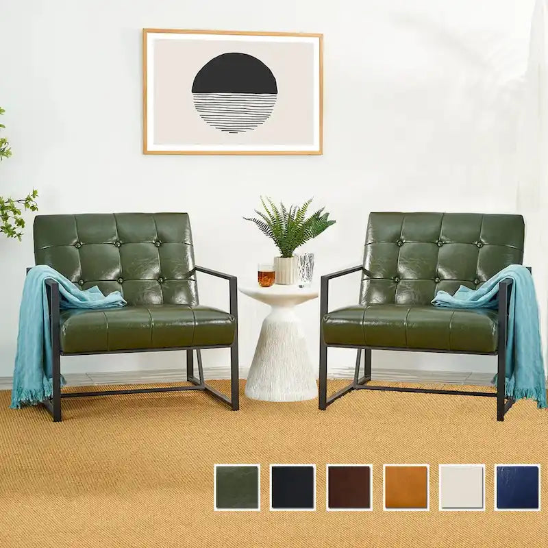 Glitzhome Set of 2 29.25W Mid-Century PU Leather Tufted Accent Chairs 11