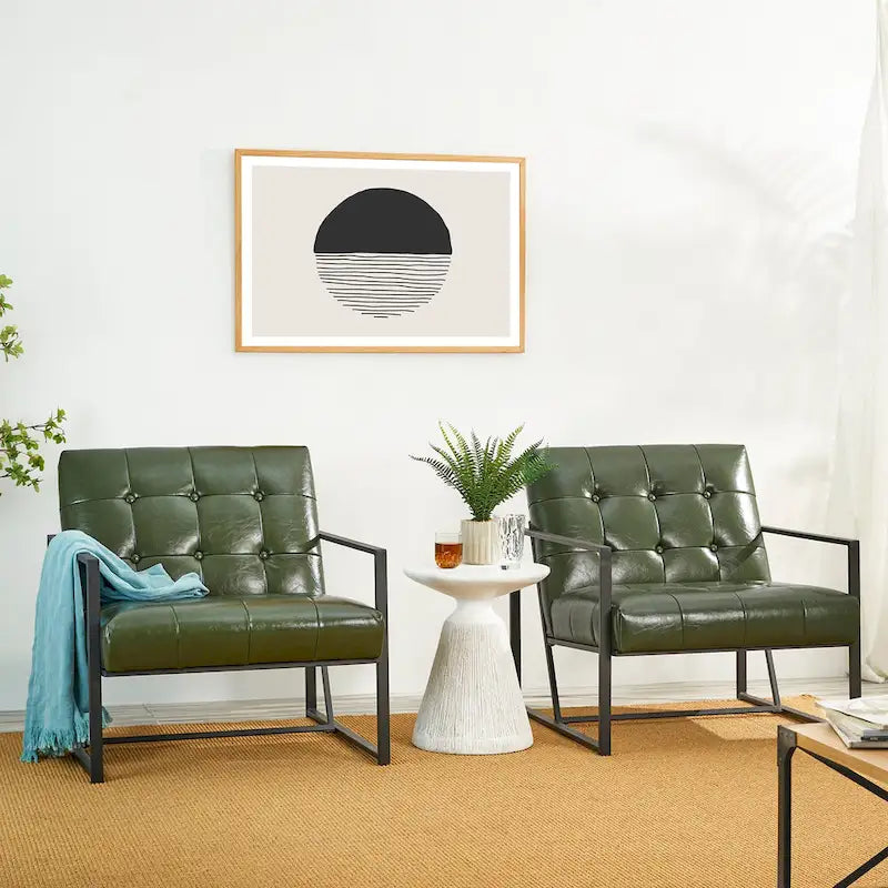 Glitzhome Set of 2 29.25W Mid-Century PU Leather Tufted Accent Chairs 13